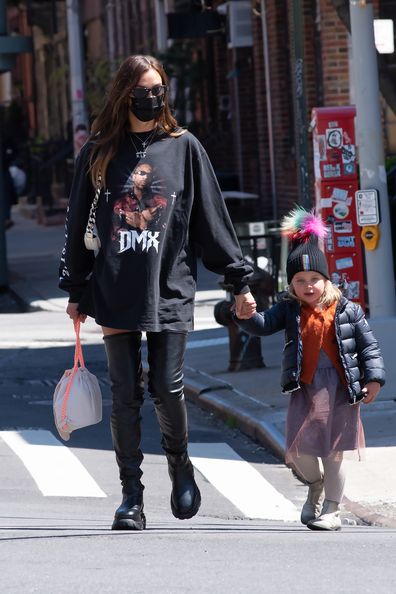 Irina Shayk out for a walk with Lea Cooper on April 26, 2021 in New York City, New York. 