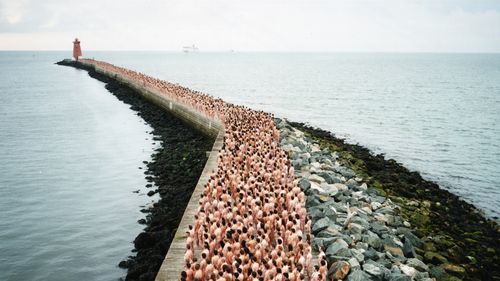 Spencer Tunick's work has taken him all over the world. This photo was taken in Dublin Port, Ireland in 2008.