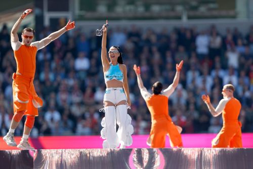 MELBOURNE, AUSTRALIA - SEPTEMBER 28:  Katy Perry performs before the AFL Grand Final match between Sydney Swans and Brisbane Lions at Melbourne Cricket Ground, on September 28, 2024, in Melbourne, Australia. (Photo by Darrian Traynor/AFL Photos/via Getty Images)