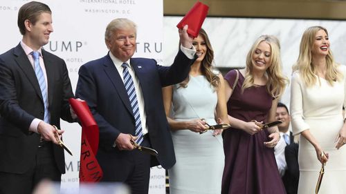 Donald Trump with just some of the people he follows on Twitter, Eric Jr, Melania, Tiffany and Ivanka. (AAP)