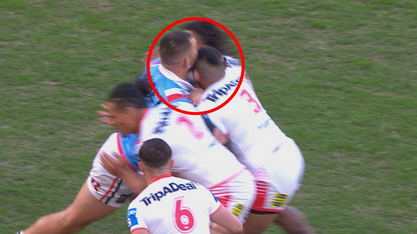 Moses Suli was ruled out of the Anzac Day clash after this head clash with Jared Waerea-Hargreaves off the kick-off.