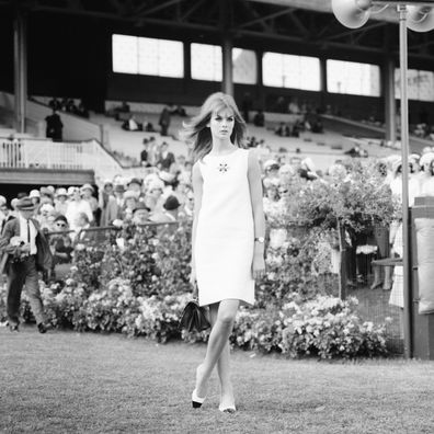 English model, Jean Shrimpton, attends Derby Day at Flemington Racecourse in Melbourne, October 30 1965.