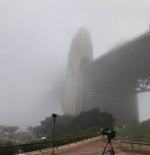 Ferries were cancelled on the harbour, and a cruise ship was stranded as the heavy fog smothered visibility. Picture: @vella_lara 9NEWS