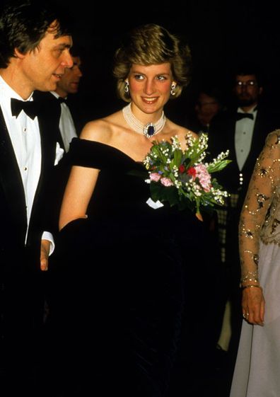 At a state reception in Vienna, Austria, Diana is wearing a midnight blue velvet evening dress designed by Victor Edelstein, 15th April 1986. 