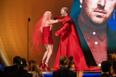 Kim Petras and Sam Smith accept the Best Pop Duo/Group Performance award for Unholy during the 65th GRAMMY Awards at Crypto.com Arena on February 05, 2023 in Los Angeles, California.