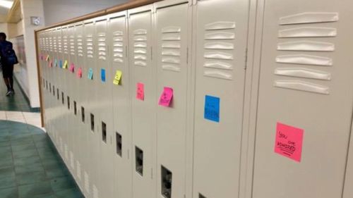 US students leave sticky notes of support on lockers after student takes his own life 