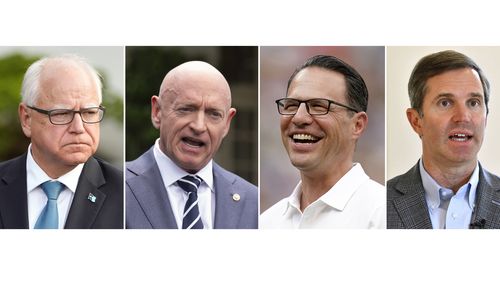 left to right, shows Minnesota Gov. Tim Walz, center, July 3, 2024, in Washington, Sen. Mark Kelly, D-Ariz., June 4, 2024, in Washington, Pennsylvania Gov. Josh Shapiro, July 20, 2024, in Pittsburgh, and Kentucky Gov. Andy Beshear in Frankfort, Ky., July 22, 2024. 