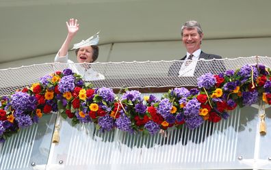 Princess Anne, the Princess Royal, and and her husband Sir Timothy Laurence are pictured during Cazoo Derby meeting at Epsom Racecourse on June 04, 2022 in Epsom, England.