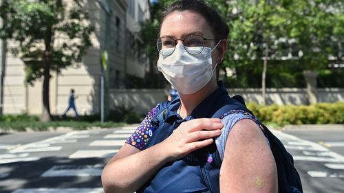 St Vincent's Hospital Wards Person Supervisor Eliza Attwood after receiving the Pfizer COVID-19 vaccine at RPA in Sydney.