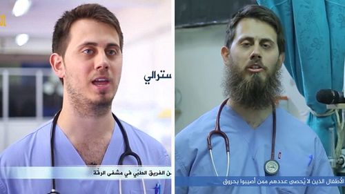 Tareq Kamleh was described by one former medical colleague as an 'average doctor'. Pictured in 2015 (left), on arriving in Syria, and 2017 (right) in July 2017 video.