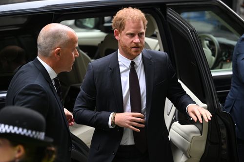 Prince Harry, Duke of Sussex arrives to give evidence at the Mirror Group Phone hacking trial at the Rolls Building at High Court on June 06, 2023 in London, England. 