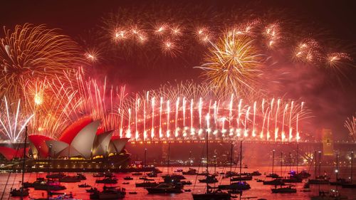 Sydney NYE 2019. The midnight New Year's Eve fireworks on Sydney Harbour, viewed from Mrs Macquarie's Chair. 1st January 2020