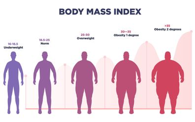 Vector illustration with scale of underweight to extremely obese man silhouette