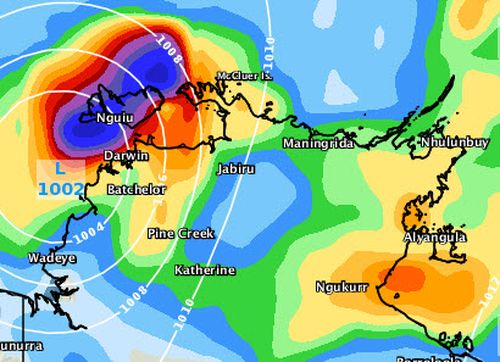 The tropical cyclone will most likely drop rainfalls of up to 300mm in parts around Darwin over the coming days, as seen in this forecast for 11pm Saturday. Picture: Weatherzone