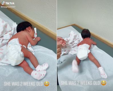Mum shows her baby rolling at just two weeks old. 
