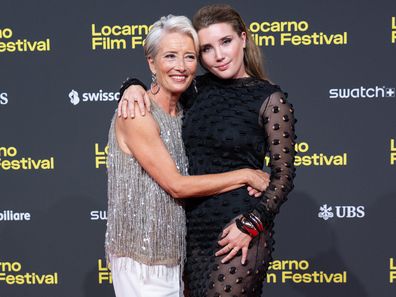 LOCARNO, SWITZERLAND - AUGUST 08: Emma Thompson and Gaia Wise attend the 'The Dead of Winter' red carpet during the 78th Locarno Film Festival on August 08, 2025 in Locarno, Switzerland. (Photo by Alessandro Levati/Getty Images)