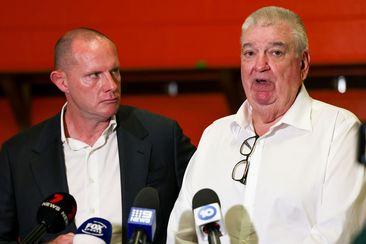 Wests Tigers CEO Shane Richardson (right) addresses the media alongside Inner West Sydney Council Mayor Darcy Byrne. 