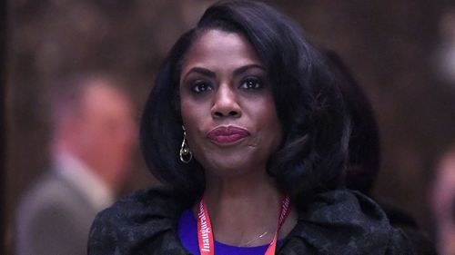Omarosa Manigault-Newman is seen in the lobby elevators of the Trump Tower in New York. (AP)