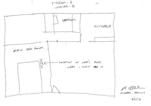 A sketch by Michael Atkins of where he found Matthew Leveson's body in their apartment the morning after a night out at Darlinghurst's ARQ nightclub. This sketch was tendered as evidence in the coronial inquest into the death of Matthew Leveson. (AAP)