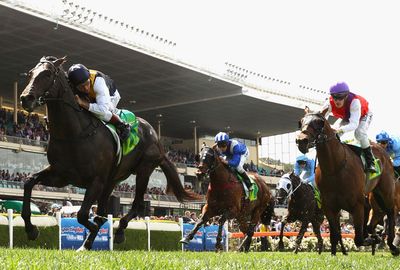 Damien Oliver on Galaxy Pegasus wins the Telstra Phonewords Stakes. (Getty)
