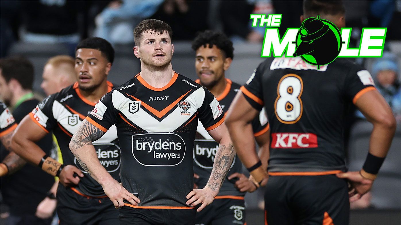 John Bateman and the Wests Tigers react after conceding a try to the Sharks in round 20.