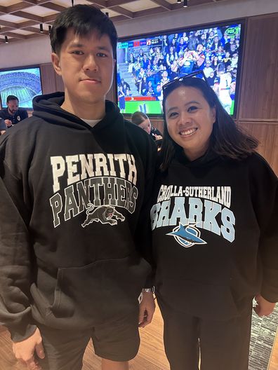 Steven in Sydney watches Panthers vs Sharks in Kmart hoodies, NRL merchandise