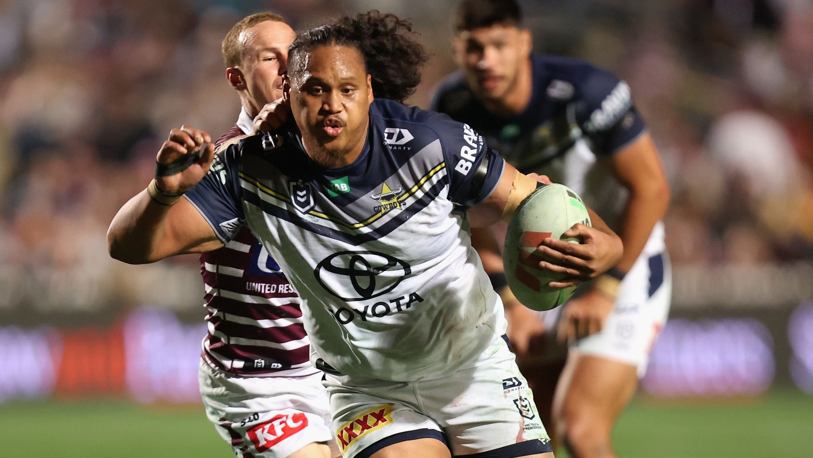 Luciano Leilua of the North Queensland Cowboys runs with the ball during the round 20  NRL match between Manly Sea Eagles and North Queensland Cowboys at 4 Pines Park on July 15, 2023 in Sydney, Australia. (Photo by Tim Allsop/Getty Images)
