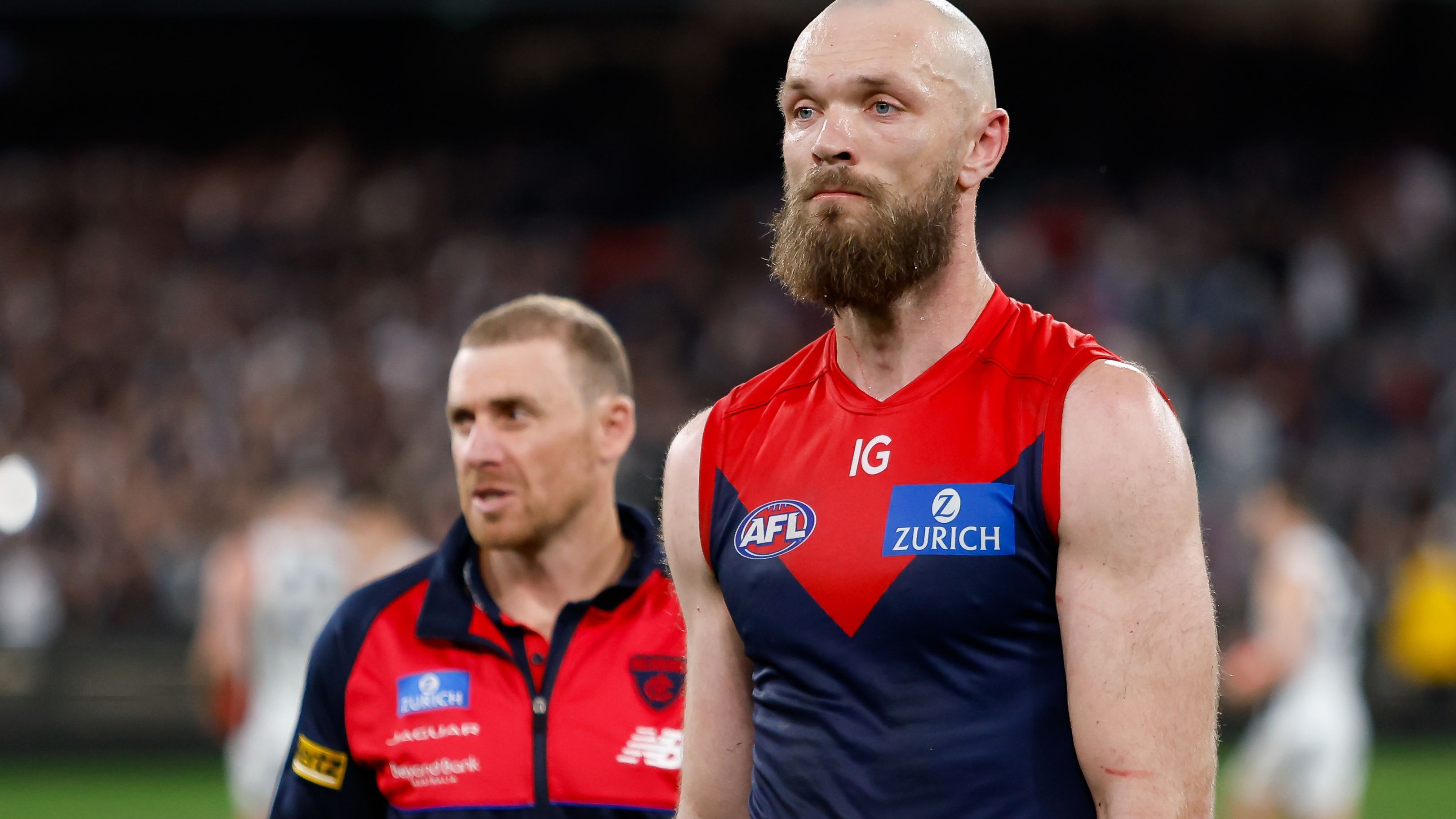 MELBOURNE, AUSTRALIA - SEPTEMBER 15: Max Gawn of the Demons looks dejected after a loss  during the 2023 AFL First Semi Final match between the Melbourne Demons and the Carlton Blues at Melbourne Cricket Ground on September 15, 2023 in Melbourne, Australia. (Photo by Dylan Burns/AFL Photos via Getty Images)