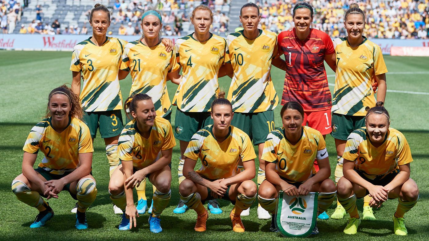  Players of Australia pose for a photo during the International friendly match between the Matildas and Chile