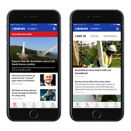 The app features Top News and Just In sections. (9NEWS)