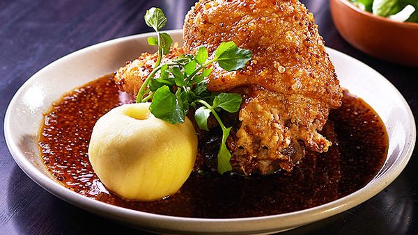 Crispy pork knuckle with soy mustard