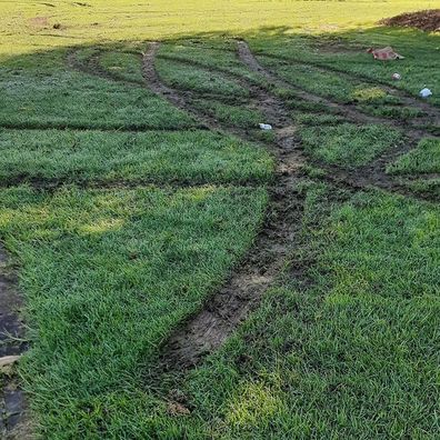 Local park has grass ripped up by vandals. 