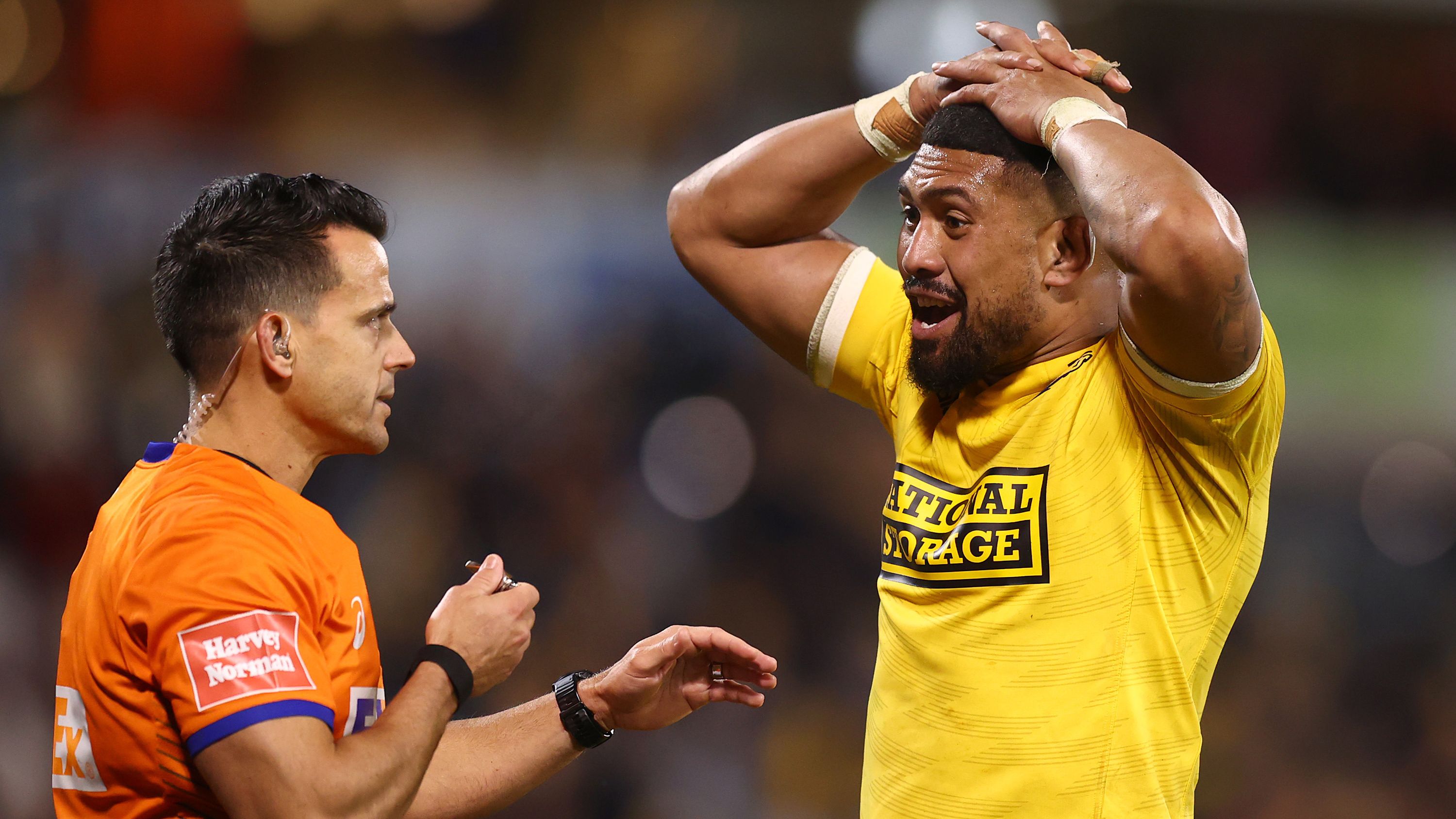 Ardie Savea of the Hurricanes remonstrates with the referee over the final decision.