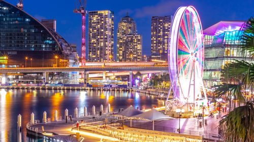 Sydney Darling Harbor New South Wales Australia blue hour beautiful colors of neon lights