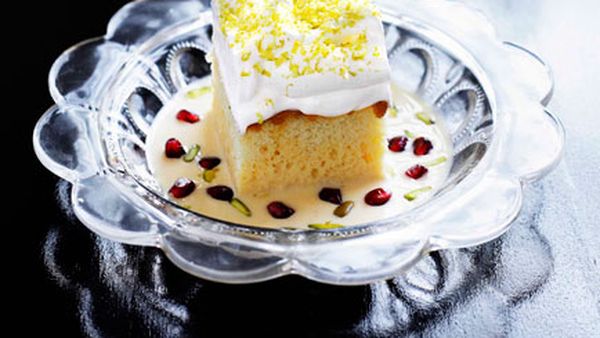 Milk cake with pomegranate and pistachio