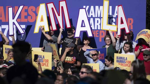 The crowd cheers on Kamala Harris during her presidential announcement speech.