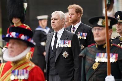 Prince Andrew, Duke of York and Prince Harry, Duke of Sussex in the state funeral of Queen Elizabeth II at Westminster Abbey on September 19, 2022.