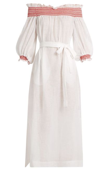 <a href="http://www.matchesfashion.com/au/products/Lisa-Marie-Fernandez-Off-the-shoulder-linen-dress--1080036" target="_blank" draggable="false">Lisa Marie Fernandez Off-The-Shoulder Linen Dress, $890.</a>
