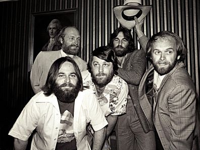 The Beach Boys at their press conference at the Boulevard Hotel in Sydney on 2 March 1978 Left to right Carl Wilson Mike Love Brian Wilson Dennis Wilson and Al Jardine.