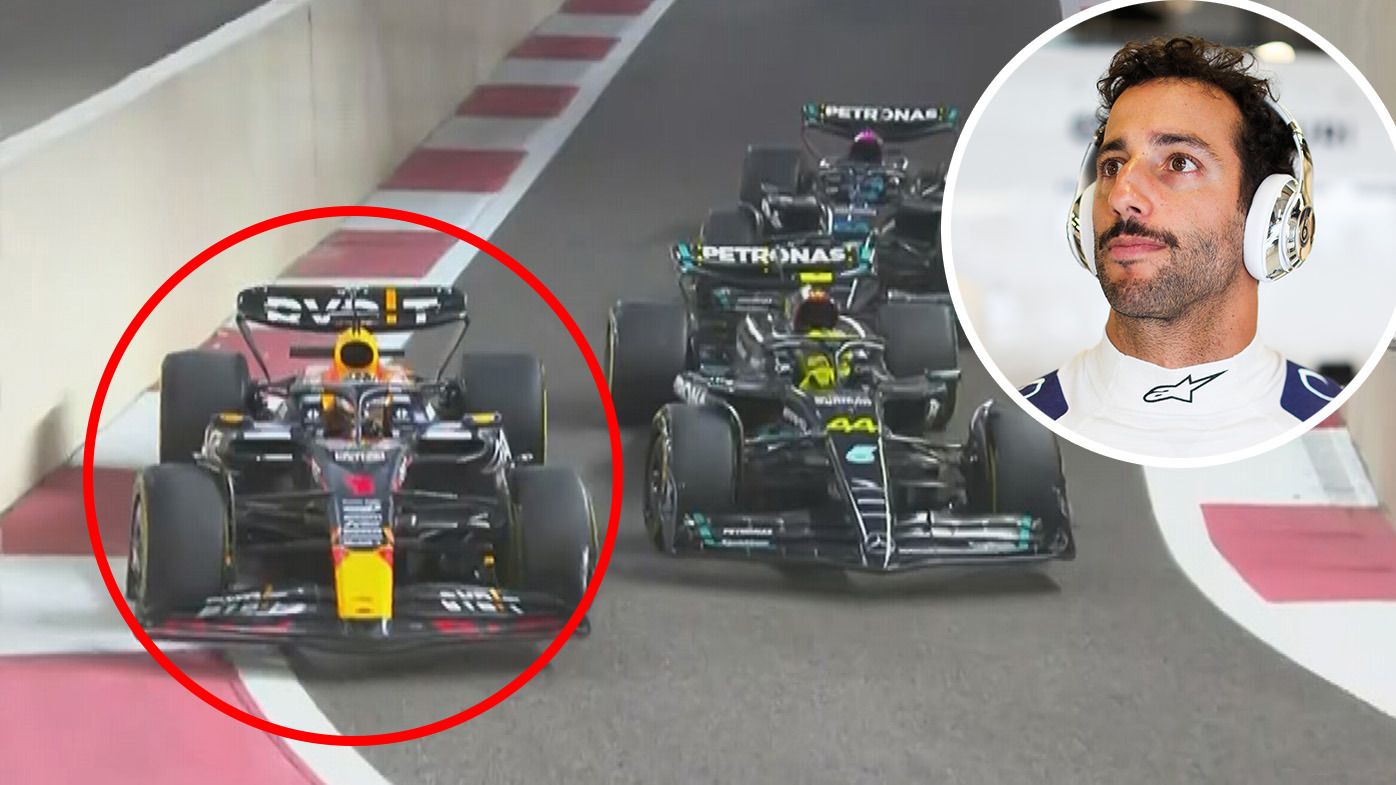 Max Verstappen overtakes the Mercedes pair in the pit lane during practice. Inset of Daniel Ricciardo.