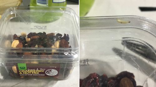 A Victorian woman found what she believes are maggots in a fruit and nut mix from Woolworths. (Supplied)