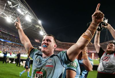 New South Wales captain Paul Gallen celebrates the Blues' series win.