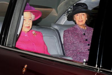 Queen Elizabeth II (left) and her then lady in waiting, Lady Susan Hussey (right) arriving at St Mary Magdalene Church, on the royal estate at Sandringham in Norfolk, England, Jan. 23, 2011. 