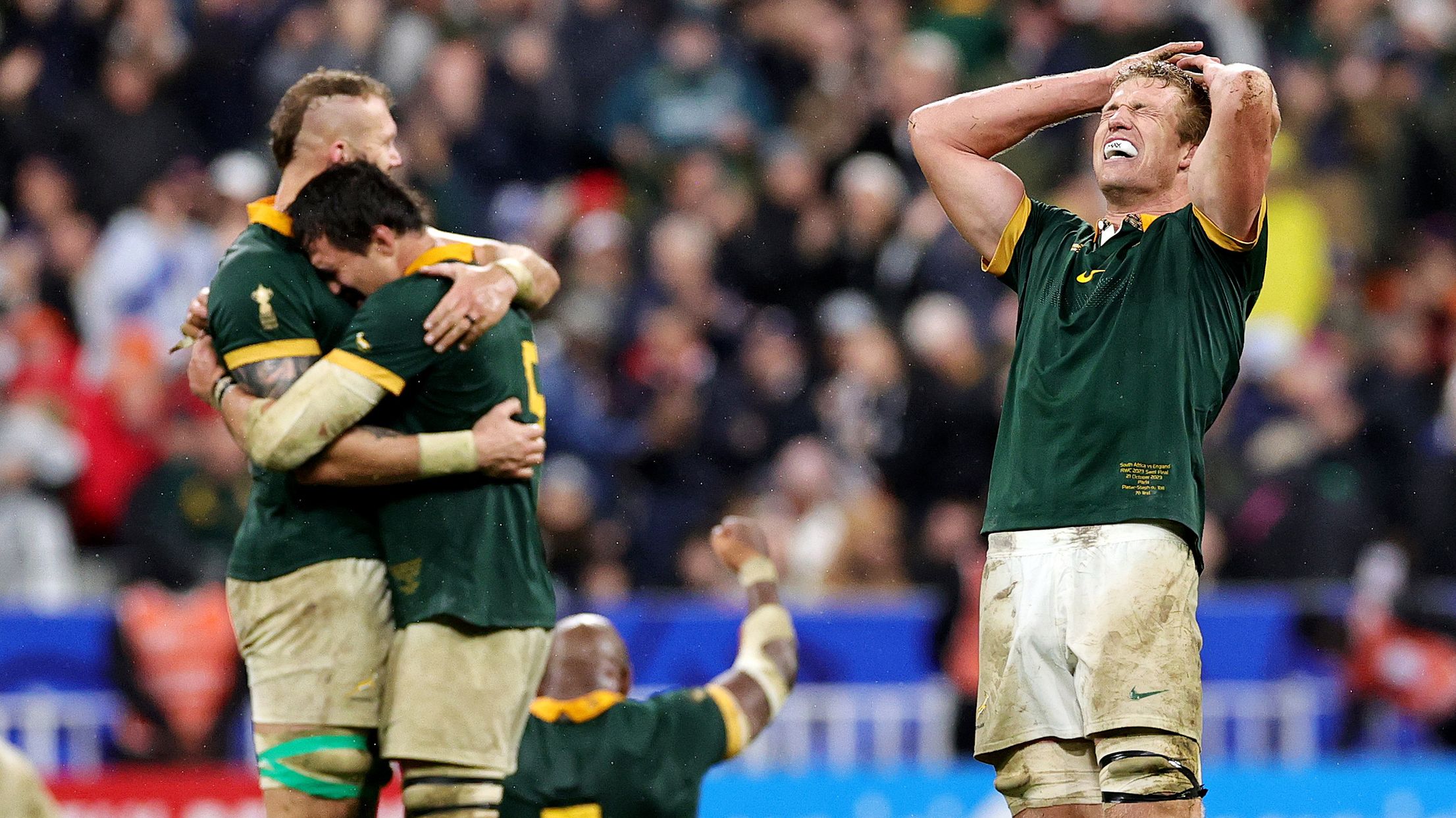 Pieter-Steph Du Toit (right) celebrates following South Africa&#x27;s victory during the Rugby World Cup against England. 
