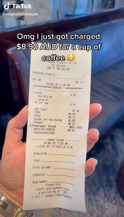 Woman reveals she was charged $8 for coffee