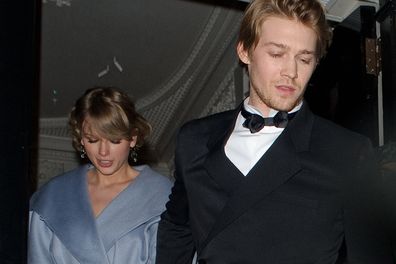 Taylor Swift and Joe Alwyn seen attending the Vogue BAFTA party at Annabel's club in Mayfair on February 10, 2019 in London, England. 