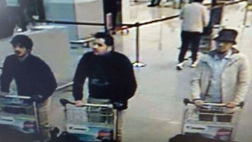 A photo released by Belgian police that claims to show the airport attack suspects.