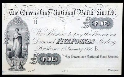 1876 Queensland National Bank five pound note