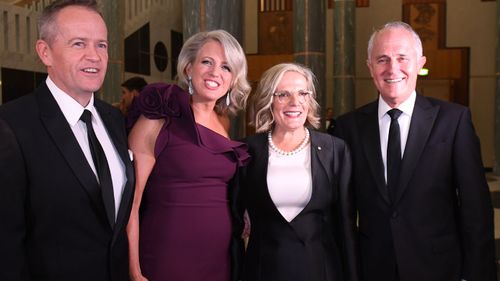 Then  Prime Minister Malcolm Turnbull, his wife Lucy and Australian Opposition Leader Bill Shorten and wife Chloe at last year's Mid-Winter Ball.