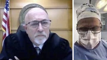 A zoom video conference collage captured by The Sacramento Bee, shows Dr. Scott Green right appearing on a video call in court.